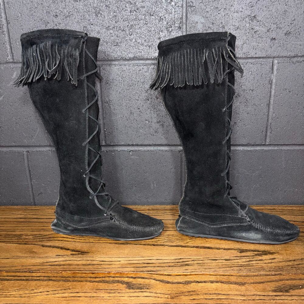 Minnetonka Black Suede Fringe Knee High Lace Up Boots Womenβs 7 Vintage 70s USA